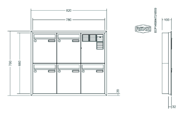 Preview: RENZ Briefkastenanlage Unterputz, Eckrahmen, Kastenformat 260x330x100mm, mit Klingel - & Lichttaster und Vorbereitung Gegensprechanlage, 5-teilig
