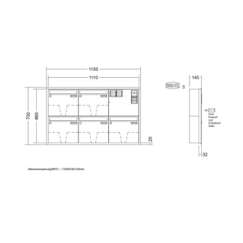 Preview: RENZ Briefkastenanlage Unterputz, Eckrahmen, Kastenformat 370x330x145mm, mit Klingel - & Lichttaster und Vorbereitung Gegensprechanlage, 5-teilig, Renz Nummer 10-0-35135