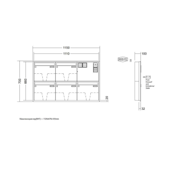Preview: RENZ Briefkastenanlage Unterputz, Eckrahmen, Kastenformat 370x330x100mm, mit Klingel - & Lichttaster und Vorbereitung Gegensprechanlage, 5-teilig, Renz Nummer 10-0-25237