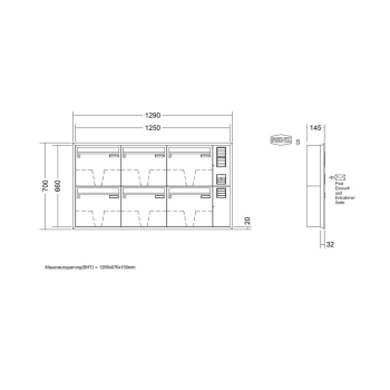 Preview: RENZ Briefkastenanlage Unterputz, Eckrahmen, Kastenformat 370x330x145mm, mit Klingel - & Lichttaster und Vorbereitung Gegensprechanlage, 6-teilig, Renz Nummer 10-0-35136