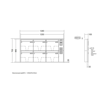 Preview: RENZ Briefkastenanlage Unterputz, Eckrahmen, Kastenformat 370x330x100mm, mit Klingel - & Lichttaster und Vorbereitung Gegensprechanlage, 6-teilig, Renz Nummer 10-0-25245
