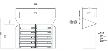 RENZ Briefkastenanlage, Aufputz, Prisma, Edelstahl V4A, Kastenformat 370x110x270mm, 10-teilig