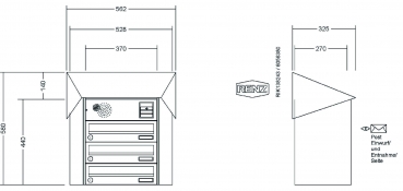 RENZ Briefkastenanlage, Aufputz, Prisma, Edelstahl V4A, Kastenformat 370x110x270mm, mit Klingel - & Lichttaster und Vorbereitung Gegensprechanlage, 3-teilig