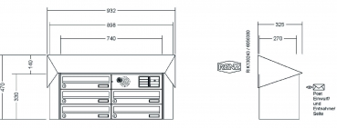 RENZ Briefkastenanlage Aufputz, Verkleidung Prisma, Kastenformat 370x110x270mm, 5-teilig, Vorbereitung Gegensprechanlage