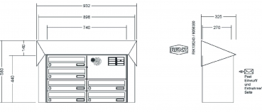 RENZ Briefkastenanlage, Aufputz, Prisma, Edelstahl V4A, Kastenformat 370x110x270mm, mit Klingel - & Lichttaster und Vorbereitung Gegensprechanlage, 6-teilig