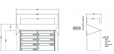 RENZ Briefkastenanlage, Aufputz, Prisma, Edelstahl V4A, Kastenformat 370x110x270mm, 7-teilig