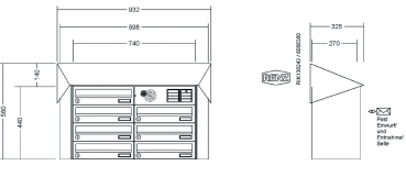 RENZ Briefkastenanlage Aufputz, Verkleidung Prisma, Kastenformat 370x110x270mm, 7-teilig, Vorbereitung Gegensprechanlage