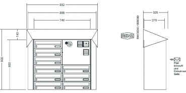 RENZ Briefkastenanlage Aufputz, Verkleidung Prisma, Kastenformat 370x110x270mm, 9-teilig, Vorbereitung Gegensprechanlage