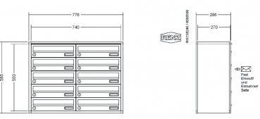 RENZ Briefkastenanlage Aufputz, Verkleidung Quadra, Kastenformat 370x110x270mm, 10-teilig