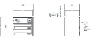 RENZ Briefkastenanlage Aufputz, Verkleidung Quadra, Kastenformat 370x110x270mm, 2-teilig, Vorbereitung Gegensprechanlage