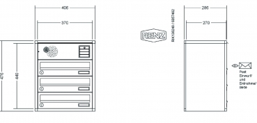 RENZ Briefkastenanlage Aufputz, Verkleidung Quadra, Kastenformat 370x110x270mm, 3-teilig, Vorbereitung Gegensprechanlage