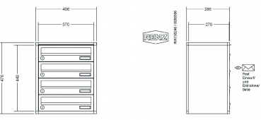 RENZ Briefkastenanlage Aufputz, Verkleidung Quadra, Kastenformat 370x110x270mm, 4-teilig