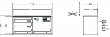 RENZ Briefkastenanlage Aufputz, Verkleidung Quadra, Kastenformat 370x110x270mm, 4-teilig, Vorbereitung Gegensprechanlage