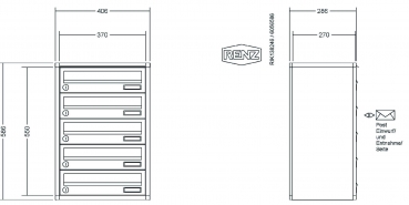 RENZ Briefkastenanlage Aufputz, Verkleidung Quadra, Kastenformat 370x110x270mm, 5-teilig