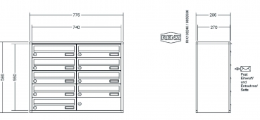 RENZ Briefkastenanlage Aufputz, Verkleidung Quadra, Kastenformat 370x110x270mm, 9-teilig
