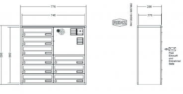 RENZ Briefkastenanlage Aufputz, Verkleidung Quadra, Kastenformat 370x110x270mm, 9-teilig, Vorbereitung Gegensprechanlage