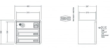 RENZ Briefkastenanlage Aufputz, RS4000, Kastenformat 370x110x270mm, mit Klingel - & Lichttaster und Vorbereitung Gegensprechanlage, 2-teilig