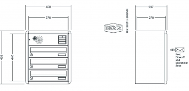 RENZ Briefkastenanlage Aufputz, RS4000, Kastenformat 370x110x270mm, mit Klingel - & Lichttaster und Vorbereitung Gegensprechanlage, 3-teilig