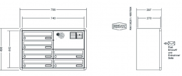 RENZ Briefkastenanlage Aufputz, RS4000, Kastenformat 370x110x270mm, mit Klingel - & Lichttaster und Vorbereitung Gegensprechanlage, 6-teilig