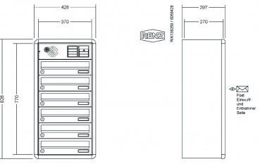 RENZ Briefkastenanlage Aufputz, RS4000, Kastenformat 370x110x270mm, mit Klingel - & Lichttaster und Vorbereitung Gegensprechanlage, 6-teilig