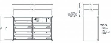 RENZ Briefkastenanlage Aufputz, RS4000, Kastenformat 370x110x270mm, mit Klingel - & Lichttaster und Vorbereitung Gegensprechanlage, 7-teilig