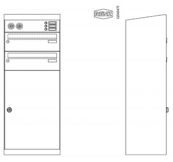 Renz Paketkasten QUBO XL mit zwei Briefkästen mit Klingel- & Lichttaster und Vorbereitung Gegensprechanlage und schräges Dach mit Entnahme von vorn Renz Nummer 23-0-10460