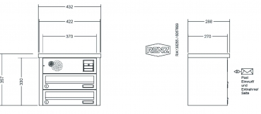 RENZ Briefkastenanlage Aufputz, Tetro, Kastenformat 370x110x270mm, mit Klingel - & Lichttaster und Vorbereitung Gegensprechanlage, 2-teilig