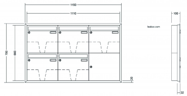 Leabox Briefkastenanlage Unterputz, Alu - Putzabdeckrahmen, Kastenformat 370x330x100mm, 5-teilig
