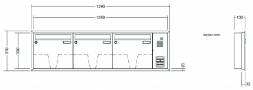 Leabox Briefkastenanlage Unterputz, Alu - Putzabdeckrahmen, Kastenformat 370x330x100mm, mit Klingel - und Lichttaster und Vorbereitung Gegensprechanlage, 3-teilig