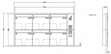 Leabox Briefkastenanlage Unterputz, Alu - Putzabdeckrahmen, Kastenformat 370x330x100mm, mit Klingel - und Lichttaster und Vorbereitung Gegensprechanlage, 6-teilig