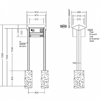 RENZ Briefkastenanlage freistehend, PRISMA, Kastenformat 370x110x270mm, 1-teilig, zum Einbetonieren