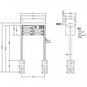 RENZ Briefkastenanlage freistehend, PRISMA, Kastenformat 370x110x270mm, 5-teilig, zum Einbetonieren