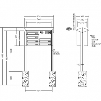 RENZ Briefkastenanlage freistehend, PRISMA, Kastenformat 370x110x270mm, 6-teilig, zum Einbetonieren