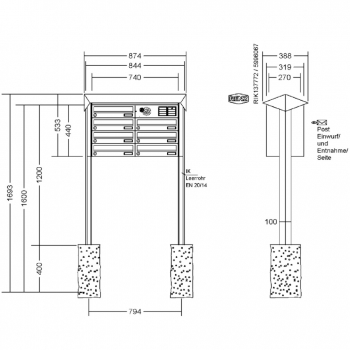 RENZ Briefkastenanlage freistehend, PRISMA, Kastenformat 370x110x270mm, 7-teilig, zum Einbetonieren