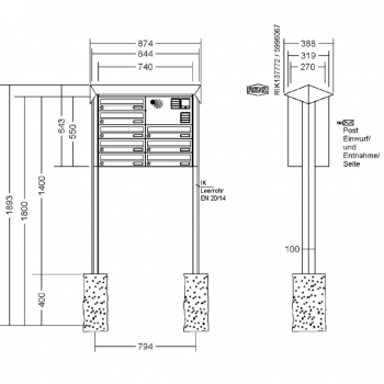 RENZ Briefkastenanlage freistehend, PRISMA, Kastenformat 370x110x270mm, 8-teilig, zum Einbetonieren