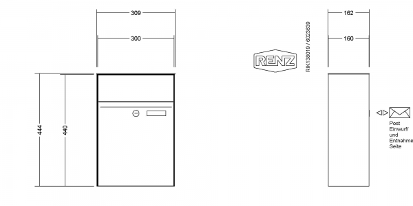 RENZ Briefkastenanlage Aufputz, Renz Plan, Kastenformat 300x440x160mm, 1-teilig, Renz Nummer 60-0-60024