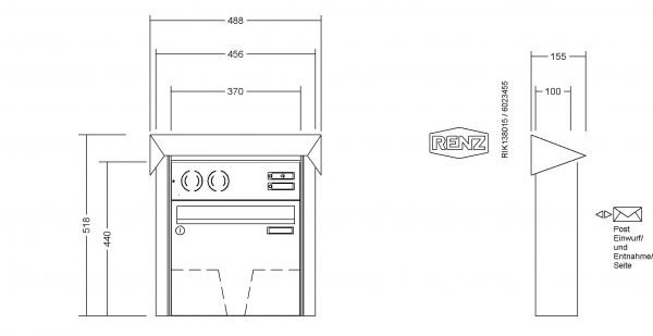 RENZ Briefkastenanlage Aufputz Prisma Edelstahl V4A Kastenformat 370x330x100mm, mit Klingel - & Lichttaster und Vorbereitung Gegensprechanlage, 1-teilig, Renz Nummer 10-0-25850