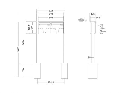 RENZ Briefkastenanlage freistehend, Basic B, Kastenformat 370x330x145mm, 2-teilig, zum Einbetonieren, Renz Nummer 10-0-10001