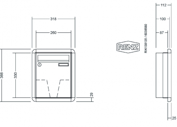 RENZ Briefkastenanlage Unterputz, RS3000, Kastenformat 260x330x100mm, 1-teilig, Renz Nummer 10-0-25003