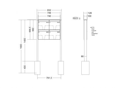 RENZ Briefkastenanlage freistehend, Basic B, Kastenformat 370x330x100mm, 4-teilig, zum Einbetonieren, Renz Nummer 10-0-25046