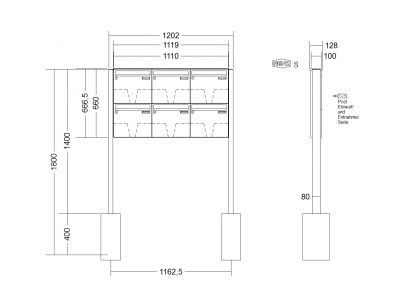 RENZ Briefkastenanlage freistehend, Basic B, Kastenformat 370x330x100mm, 6-teilig, zum Einbetonieren, Renz Nummer 10-0-25048