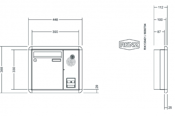 RENZ Briefkastenanlage Unterputz, RS3000, Kastenformat 260x330x100mm, mit Klingel - & Lichttaster und Vorbereitung Gegensprechanlage, 1-teilig, Renz Nummer 10-0-25049