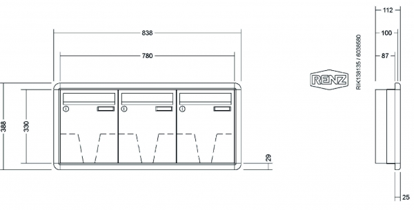 RENZ Briefkastenanlage Unterputz, RS3000, Kastenformat 260x330x100mm, 3-teilig, Renz Nummer 10-0-25053