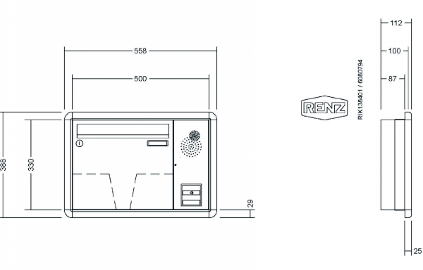 RENZ Briefkastenanlage Unterputz, RS3000, Kastenformat 370x330x100mm, mit Klingel - & Lichttaster und Vorbereitung Gegensprechanlage, 1-teilig, Renz Nummer 10-0-25059