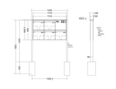 RENZ Briefkastenanlage freistehend, Basic B, Kastenformat 370x330x100mm, mit Klingel - & Lichttaster und Vorbereitung Gegensprechanlage, 5-teilig, zum Einbetonieren, Renz Nummer 10-0-25061