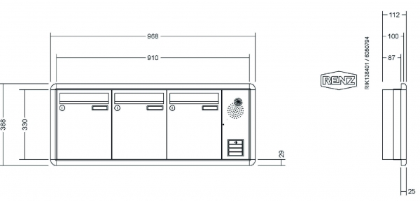 RENZ Briefkastenanlage Unterputz, RS3000, Kastenformat 260x330x100mm, mit Klingel - & Lichttaster und Vorbereitung Gegensprechanlage, 3-teilig, Renz Nummer 10-0-25145