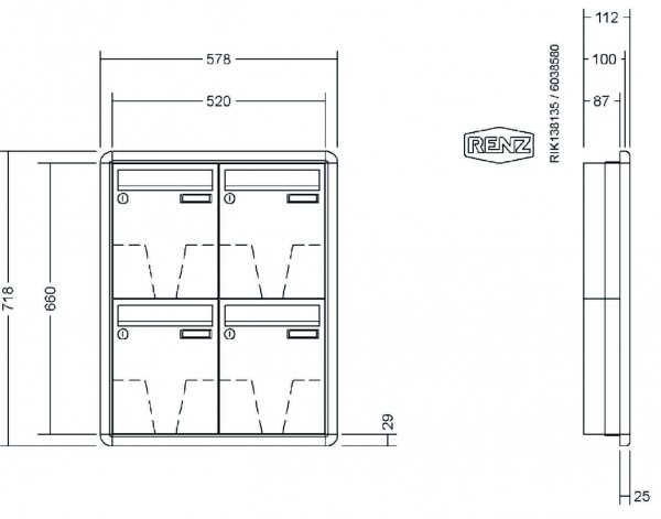 RENZ Briefkastenanlage Unterputz, RS3000, Kastenformat 260x330x100mm, 4-teilig, Renz Nummer 10-0-25159