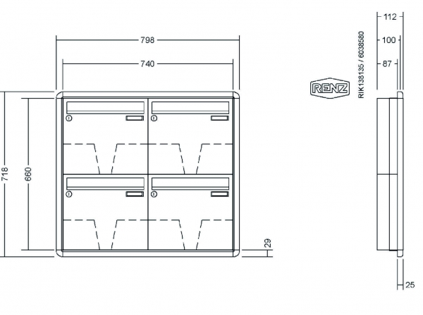 RENZ Briefkastenanlage Unterputz, RS3000, Kastenformat 370x330x100mm, 4-teilig, Renz Nummer 10-0-25161