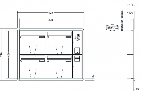 RENZ Briefkastenanlage Unterputz, RS3000, Kastenformat 370x330x100mm, mit Klingel - & Lichttaster und Vorbereitung Gegensprechanlage, 4-teilig, Renz Nummer 10-0-25193