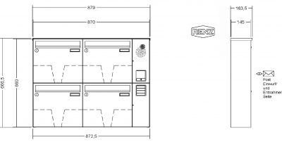 RENZ Briefkastenanlage Aufputz Classic Basic B Kastenformat 370x330x145mm, mit Klingel - & Lichttaster und Vorbereitung Gegensprechanlage, 4-teilig, Renz Nummer 10-0-35015